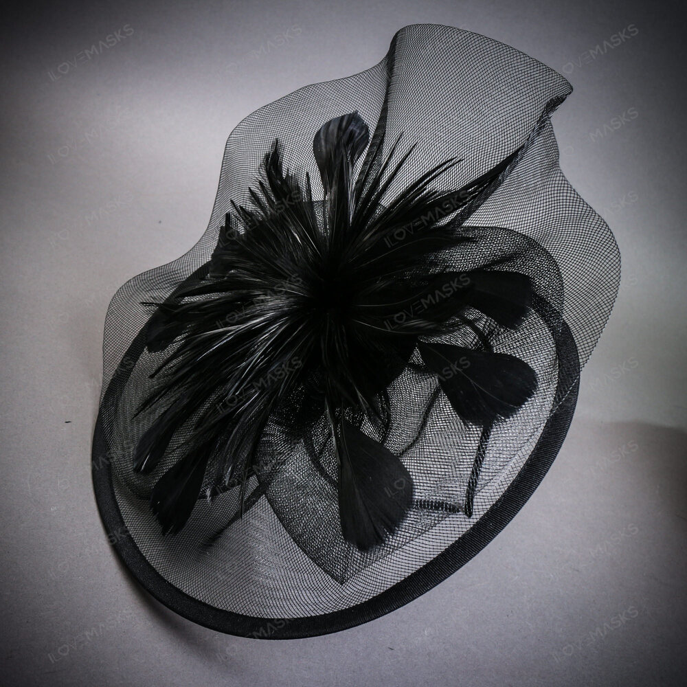 Flower Mesh Kentucky Derby Hat Fascinator Feather Headband - Black - Picture 5 of 5